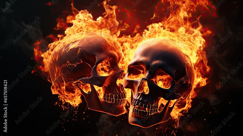 two skulls in fire on black background. two skulls in fire on black background.