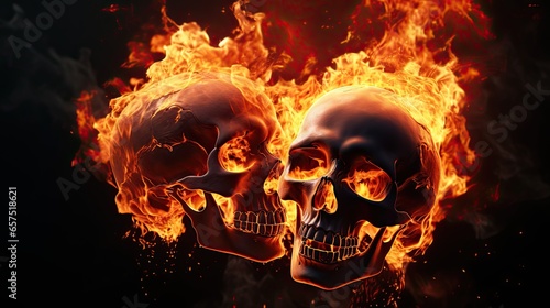 two skulls in fire on black background.