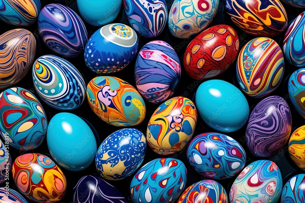 Vibrant Easter Eggs: Colorful Murals on Blue Vibrant Easter Eggs: Colorful Murals on Blue