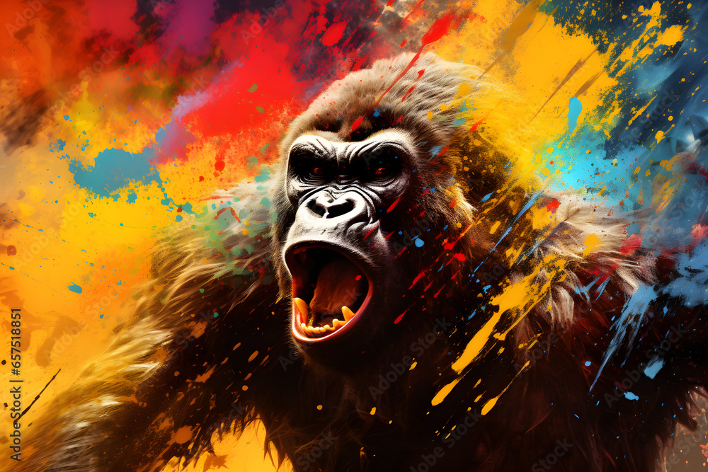 Colorful gorilla on a black background - obrazy, fototapety, plakaty 