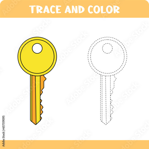 Tracing page for kids handwriting practice. Trace and color worksheet for preschoolers. Tracing door key. Activity color pages.