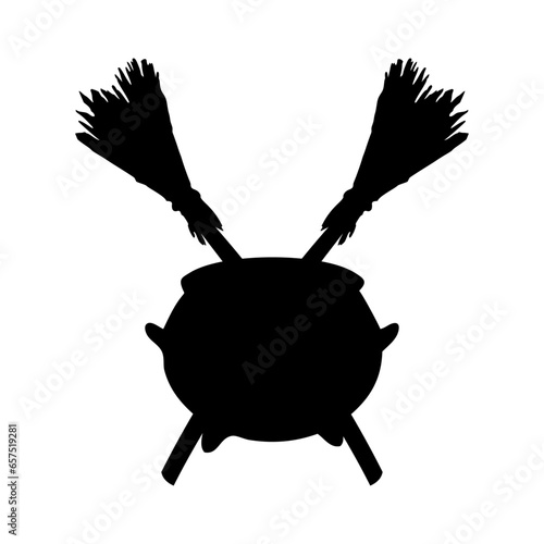 Logo con silueta de caldero de bruja sobre 2 escobas cruzadas para su uso en invitaciones y tarjetas de Halloween