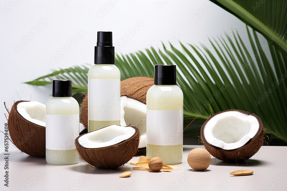 coconut products on table with leaves and a coconut coconut products on table with leaves and a coconut