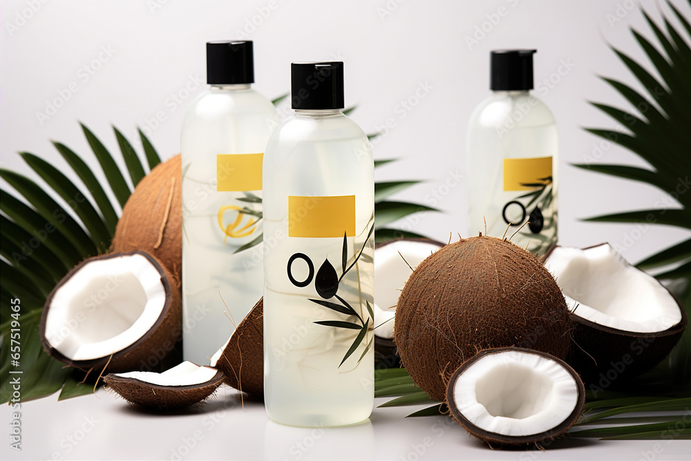 coconut products on table with leaves and a coconut coconut products on table with leaves and a coconut