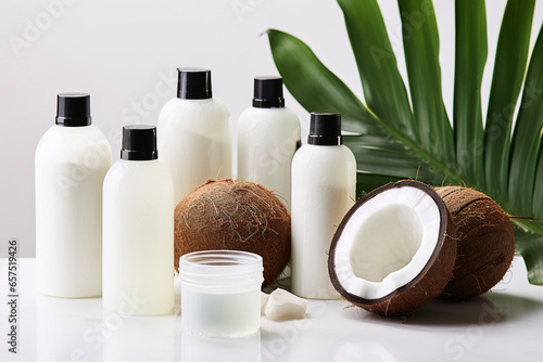 coconut products on table with leaves and a coconut
