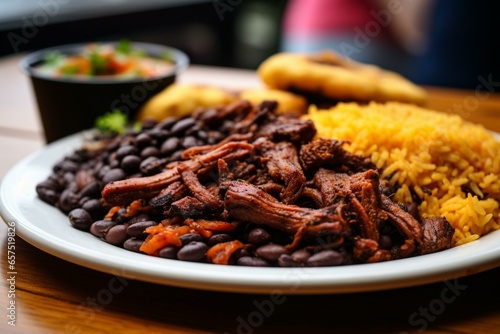 A closeup of Venezuela's national dish, featuring shredded beef, rice, black beans, and fried plantains on a plate. Generative AI © Elara