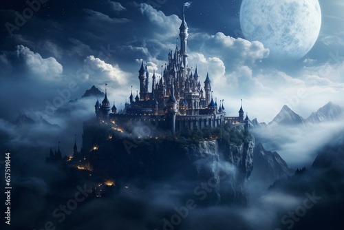 Enchanting castle adorned on moonlit hill, embraced by clouds and fog. Generative AI