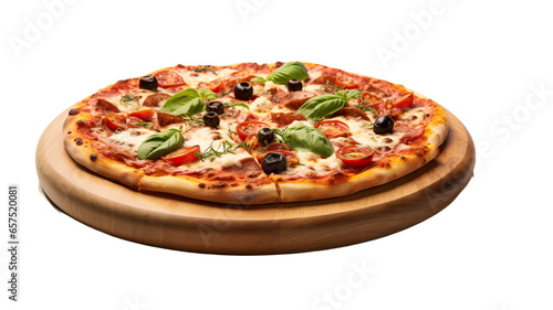 Italian pizza on a wooden board with a white background