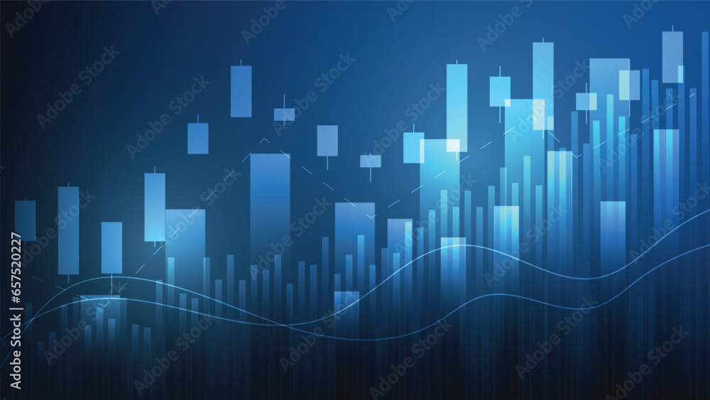Financial business statistics with bar graph and candlestick chart show stock market price on dark blue background