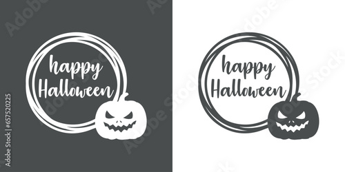 Logo con marco circular con líneas con silueta de calabaza de Halloween Jack O Lantern con letras palabra manuscrita happy Halloween para su uso en invitaciones y tarjetas