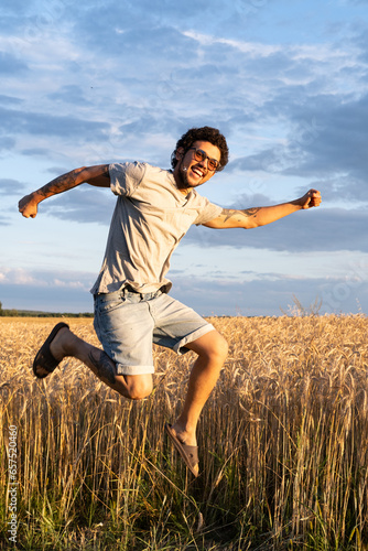 Latin American man jumping 