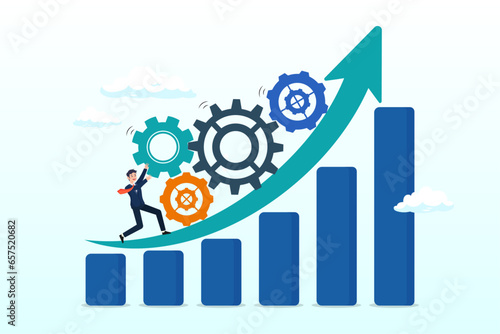 Businessman pushing cogwheels up on rising improvement graph diagram, process improvement, efficiency to increase productivity, optimization, raising performance, quality or progress (Vector)