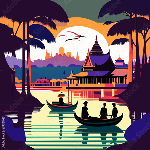 Buddhist temple at sunset. Vector illustration in flat style.