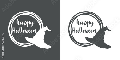 Logo con marco circular con líneas con silueta de sombrero de bruja con letras palabra manuscrita happy Halloween para su uso en invitaciones y tarjetas