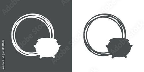 Logo con marco circular con líneas con silueta de caldero de bruja para su uso en invitaciones y tarjetas de Halloween