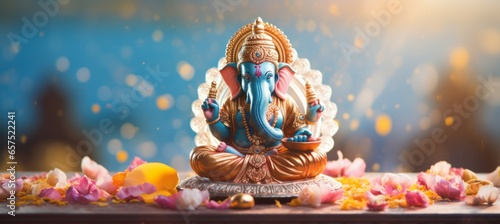 Blue Ganesha statue. Hindu god concept. Generative AI technology.
