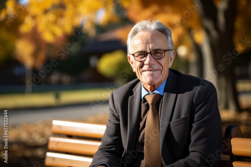 A portrait of businessman senior man sitting on a bench in an autumn park against sunny blurred background