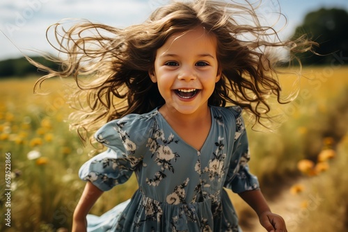 Portrait of happy and smiling children playing in a blooming field