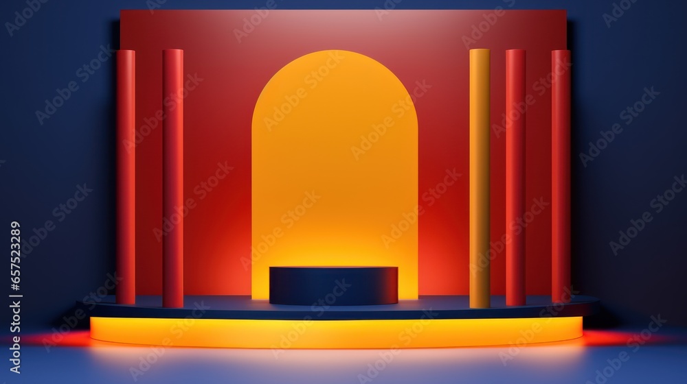 Fototapeta premium realistic yellow, red and blue cylinders stand for product placement