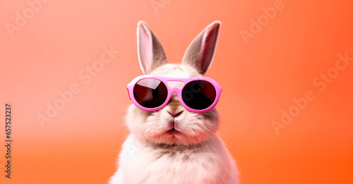 Easter rabbit bunny with pink sunglasses, studio lighting, orange background