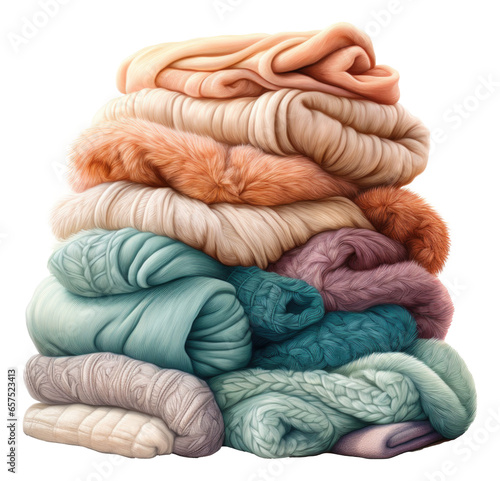 Watercolor pile of warm woolen clothes isolated.