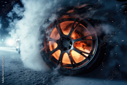 Drifting fast sports car on snowy wet road with skid, car accident, fire. Generative Ai.