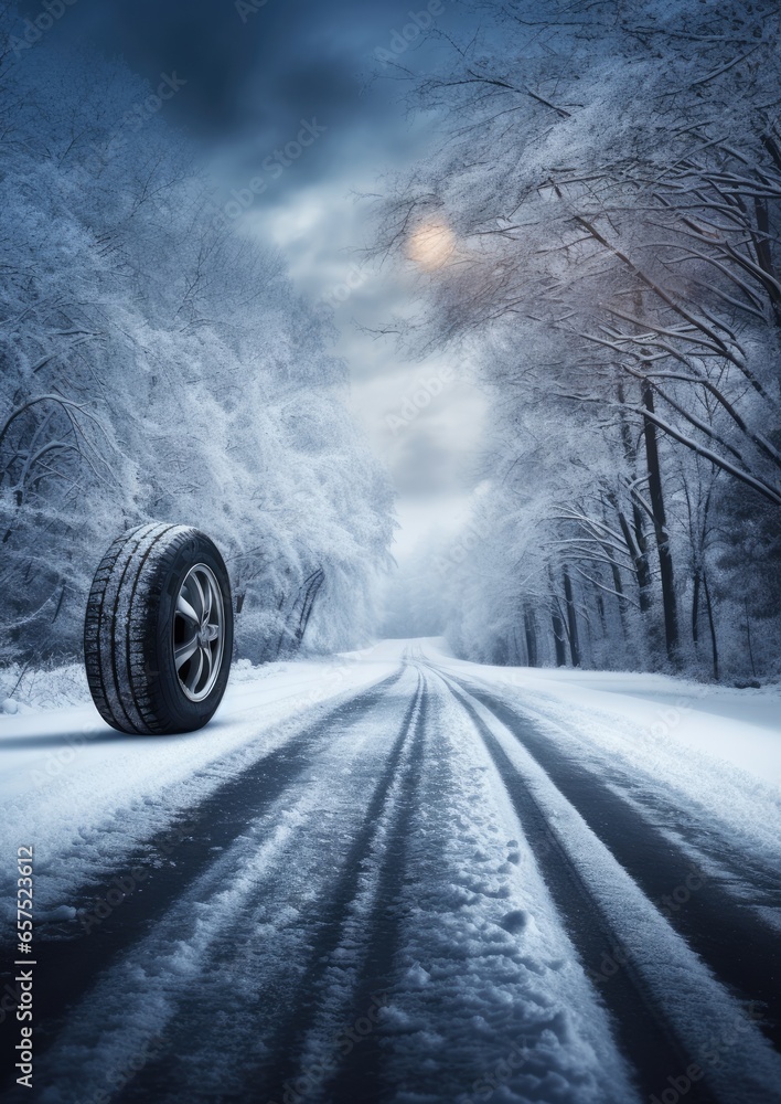 Winter snowy car tires in the snowing winter season on wet road. Generative Ai. Winter snowy car tires in the snowing winter season on wet road. Generative Ai.