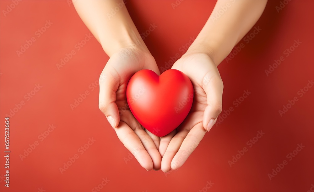 Young women hands holding red heart on red pastel background. Young women hands holding red heart on red pastel background.