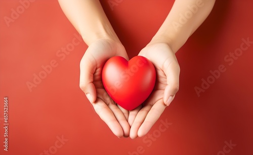 Young women hands holding red heart on red pastel background.