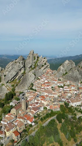 Aerial view of Pietrapertosa, a small town in the top of a rocky mountain in Italy