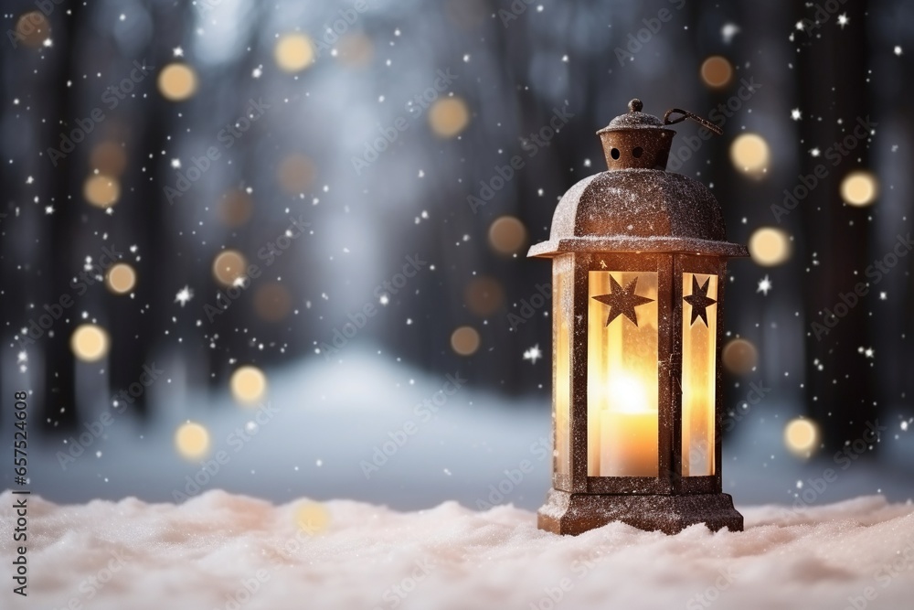 Snowy Winter Park Lantern Christmas Decoration with Bokeh Snowy Winter Park Lantern Christmas Decoration with Bokeh
