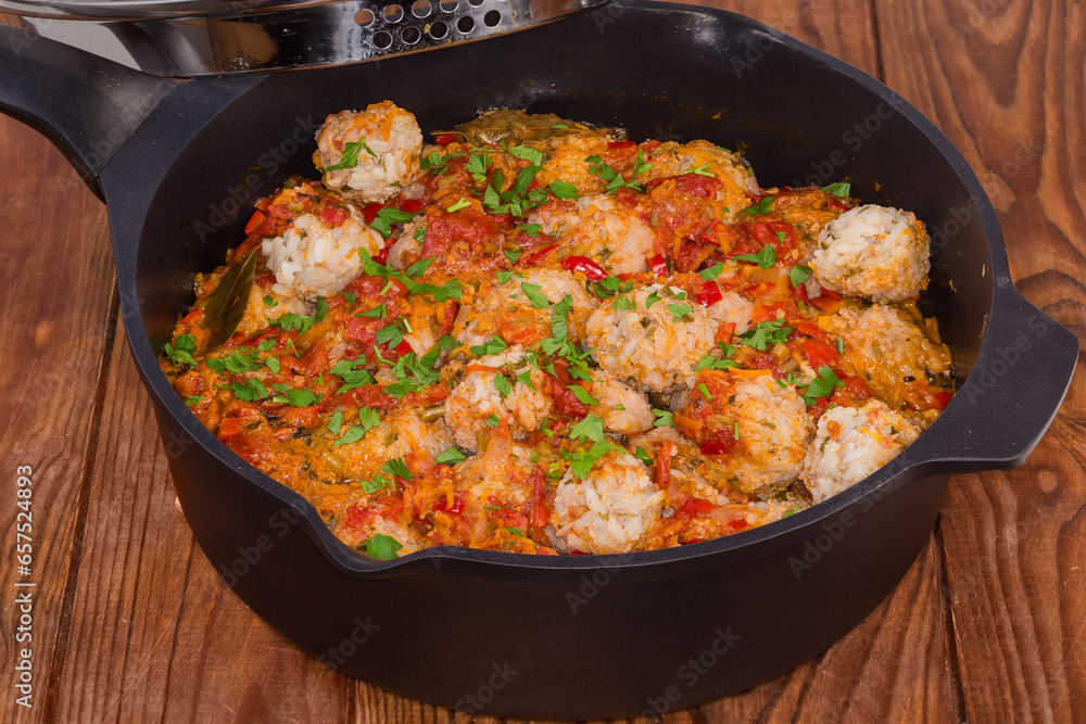 Stewed rice meatballs in deep frying pan on rustic table Stewed rice meatballs in deep frying pan on rustic table