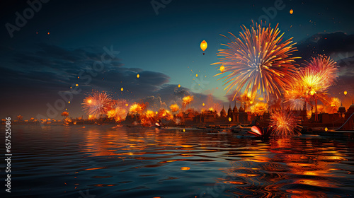 Fireworks and festive lights over river for Diwali, traditional festival of lights, Hindu holiday