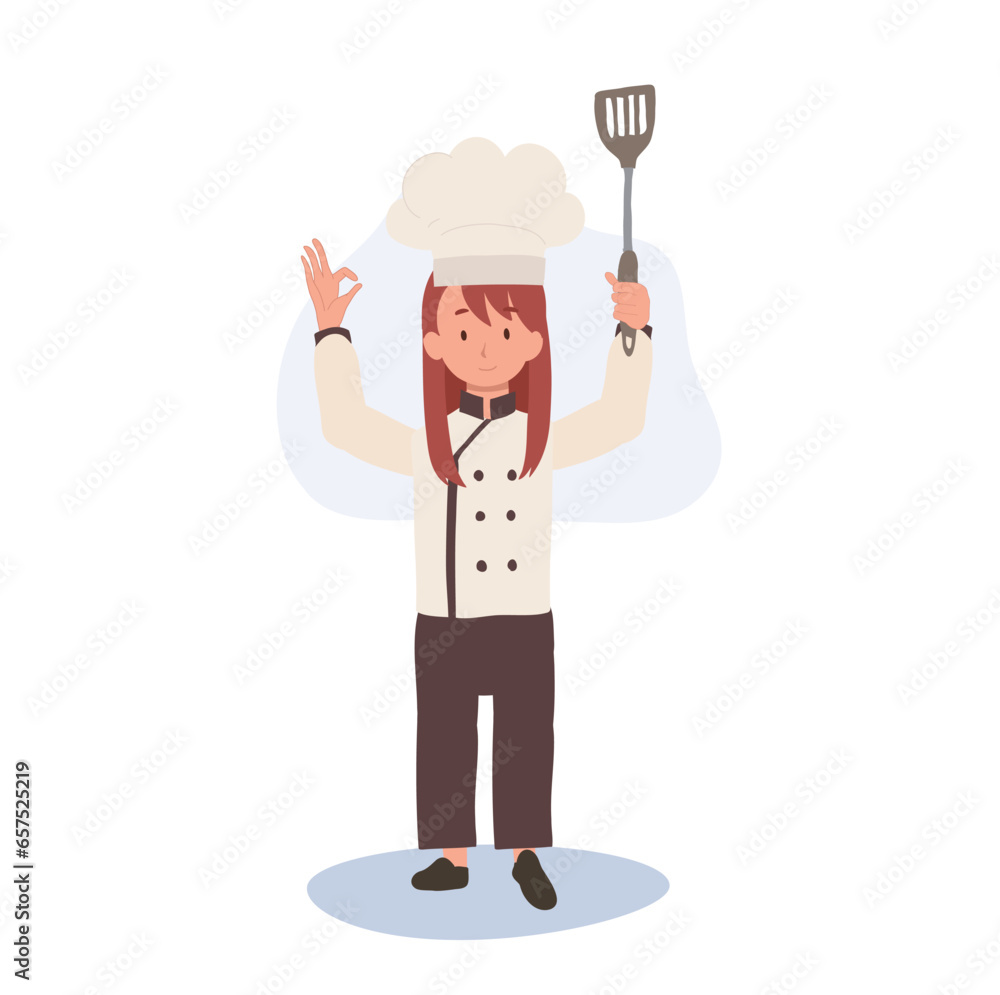 Young Chef Showing OK Sign. Happy Chef Doing OK Hand Sign and holding flipper in other hand. Young Chef Showing OK Sign. Happy Chef Doing OK Hand Sign and holding flipper in other hand.