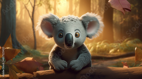 A koala bear is a cartoon character. A funny koala is playing from a eucalyptus branch. Cute Australian animal, bear sitting and looking for food.. Generative AI