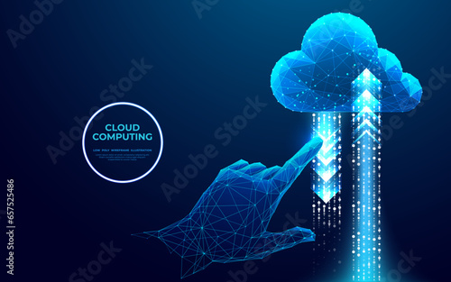 Abstract hand touching on cloud computing icon with arrows up and down. Digital polygonal cloud storage concept. Technology low poly wireframe vector illustration in futuristic blue hologram style.