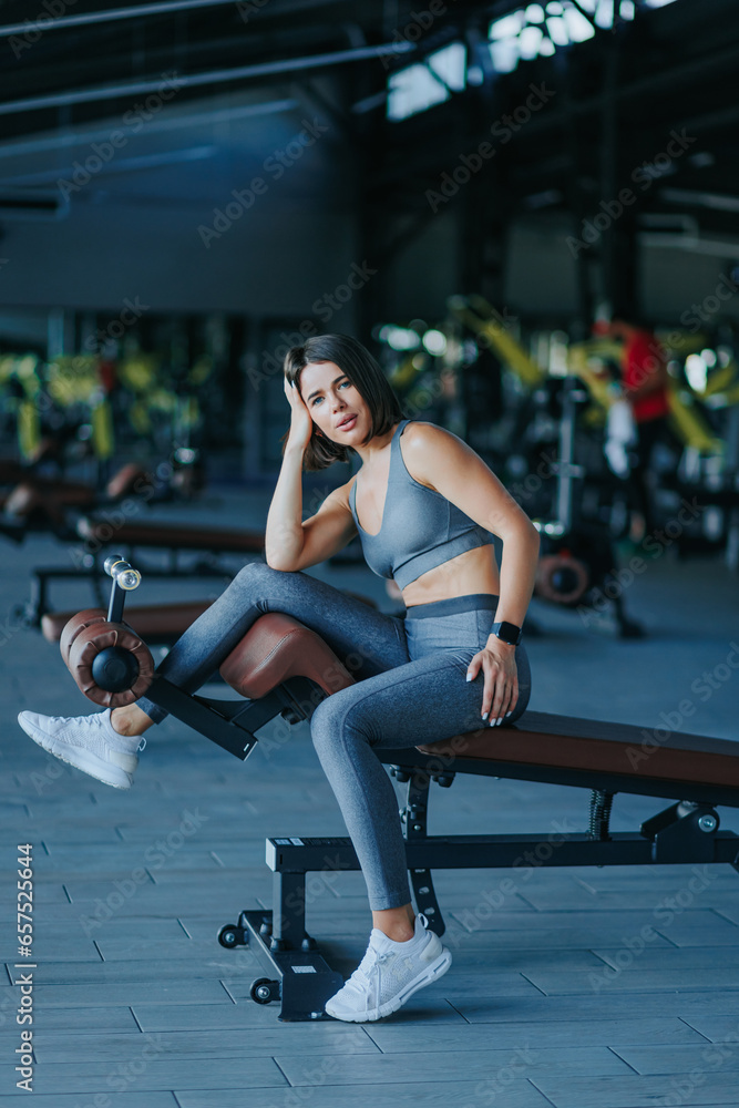 In a gym filled with people, a stunning portrait showcases a young Caucasian woman looking directly at the camera, epitomizing fitness and beauty.