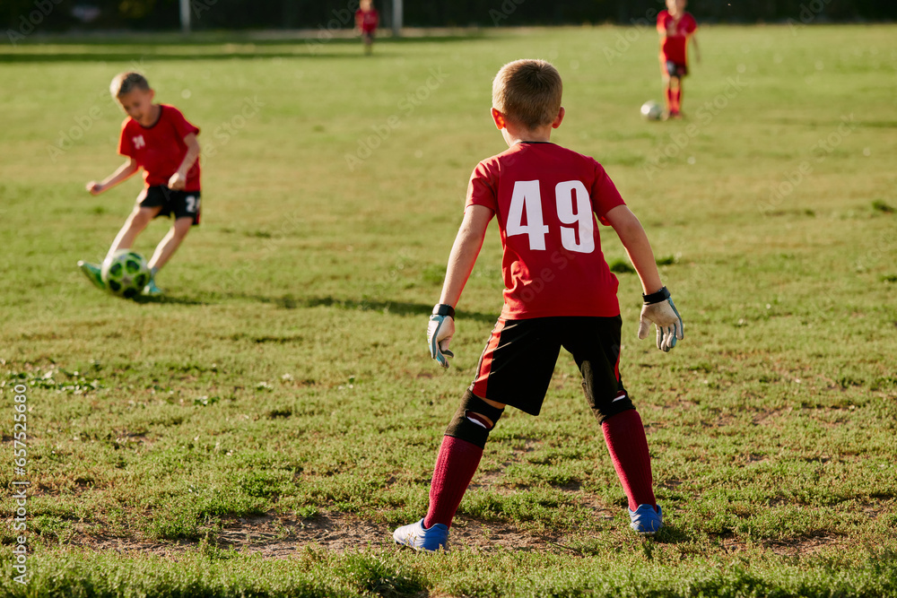 Obraz premium Rear view portrait of goalkeeper, kid prepare to catch ball from kicking boy, striker. Playing football on the sports field. Children's team games.