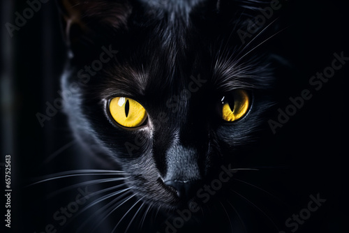 Black cat with yellow eyes on black background