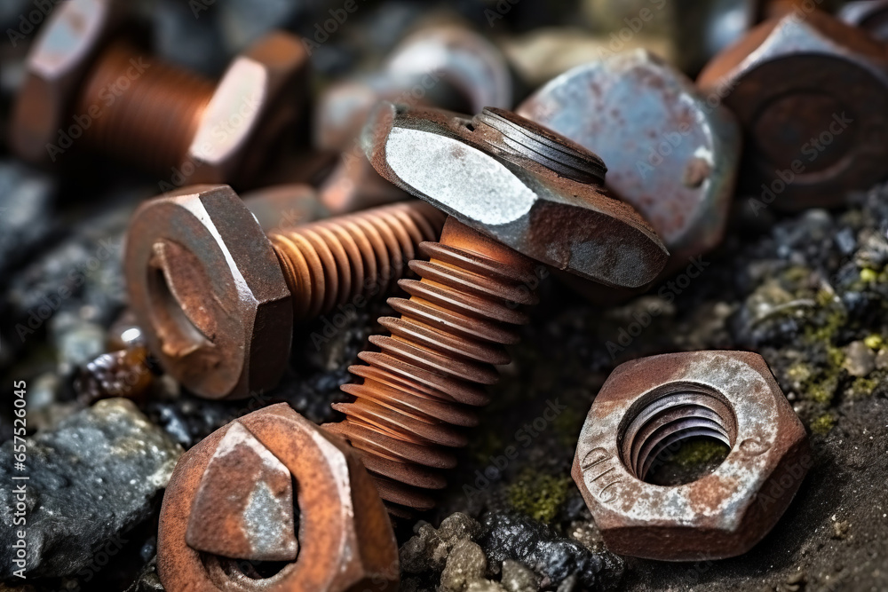 Heavy rusted bolts with washer and nut on the rough and aged wooded surface Heavy rusted bolts with washer and nut on the rough and aged wooded surface