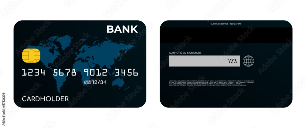 Front and back sides of debit or credit bank card with world map, vector illustration. Front and back sides of debit or credit bank card with world map, vector illustration.