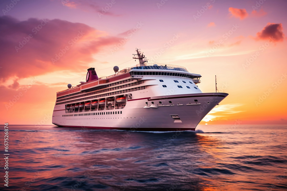 A huge cruise line travels across the sea. Sea travel vacation. Seascape overlooking a cruise liner. Passenger liner on the high seas. Tourist travel in the ocean. A huge cruise line travels across the sea. Sea travel vacation. Seascape overlooking a cruise liner. Passenger liner on the high seas. Tourist travel in the ocean.