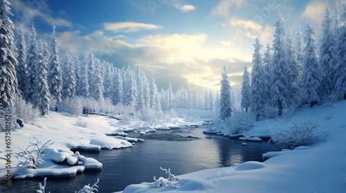 Photo of snow-covered trees and a river in a winter landscape painting