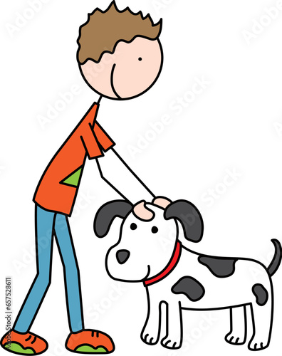 Happy boy petting a dog