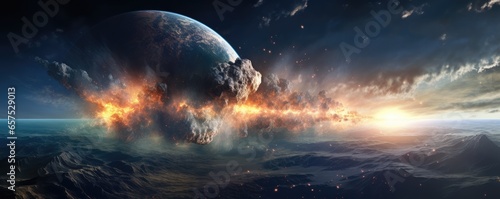 Meteor glowing as it enters the Earth s atmosphere  ultra realistic panorama. Generative Ai.