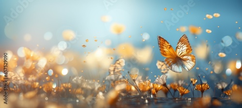 Golden butterfly collect nectar from flowers. Generative AI technology. © Hero Design