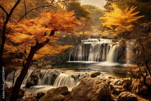 Scenic fall view of golden trees surrounding a stunning waterfall. Generative AI