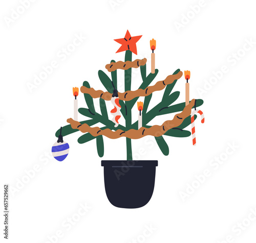 Christmas fir tree in pot. Xmas festive firtree decorated with vintage orname...