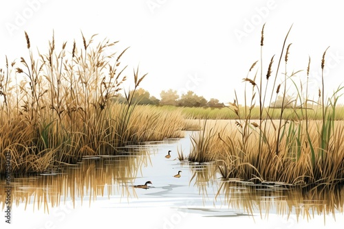 Illustration of vegetation in wetland featuring sedge, reed, cane, and bulrush. Generative AI