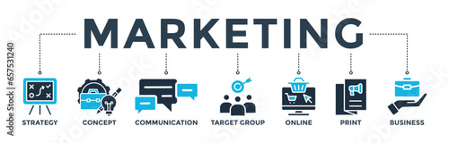 Marketing banner web icon vector illustration concept with icon of strategy, concept, communication, target group, online, print and business